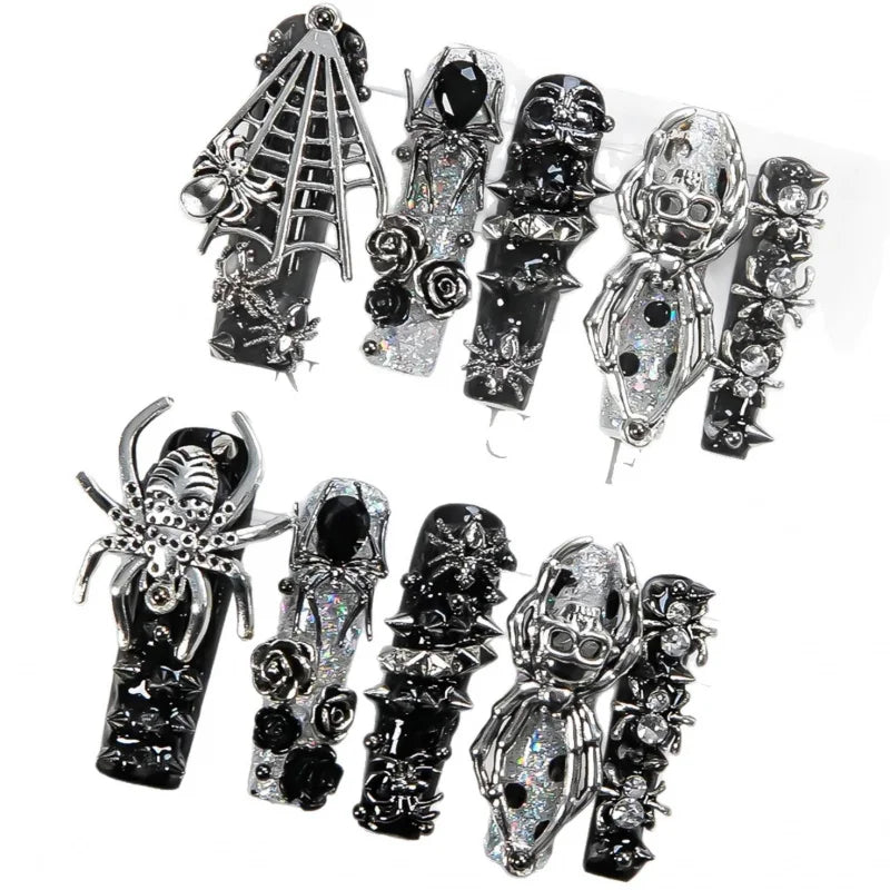 Faux ongles gothiques foncés faits à la main, motif crâne d'araignée, résistants, longs et détachables, style gothique
