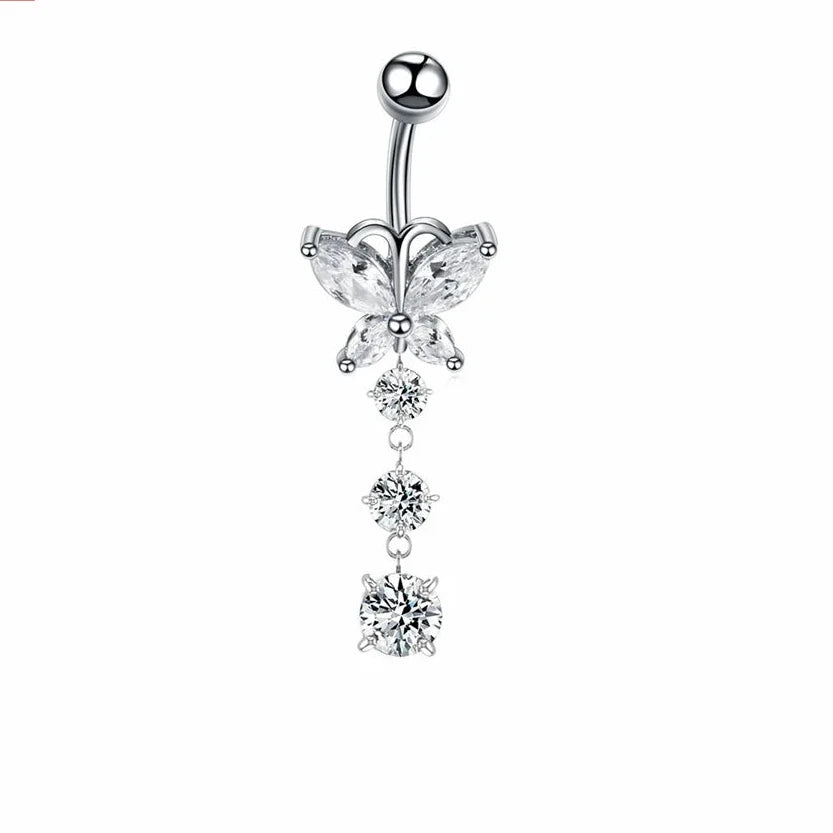 Bijou de nombril pour femme – piercing de ventre en acier inoxydable avec chaîne longue, pampilles et fleur pendante, accessoires de corps pour soirée et plage