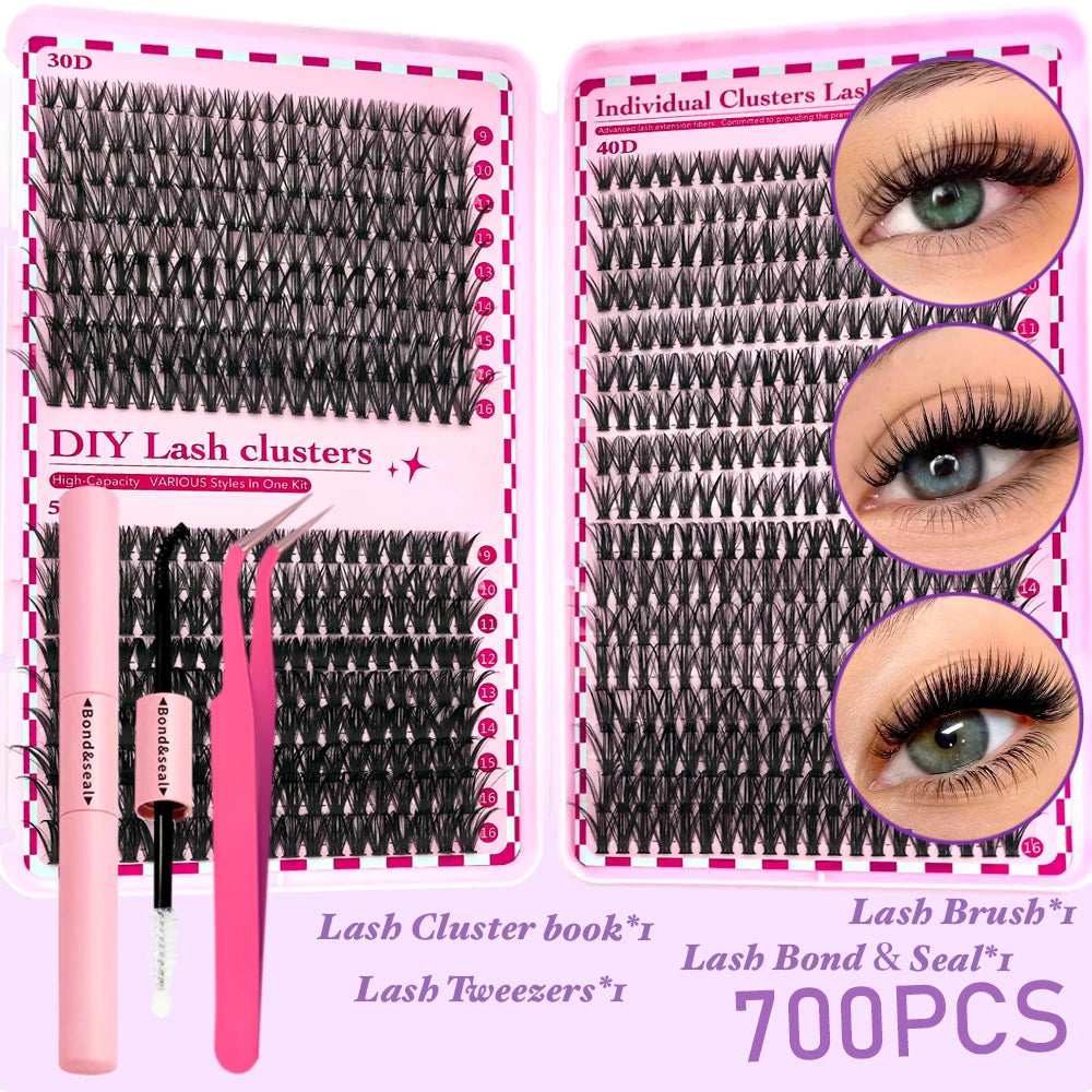 Kit d’extensions de cils DIY 700 pièces – Bouquets de cils 30D, 40D, 50D et 80D avec longueurs mixtes de 9 à 16 mm. Courbure D pour un regard plus ouvert et élégant.