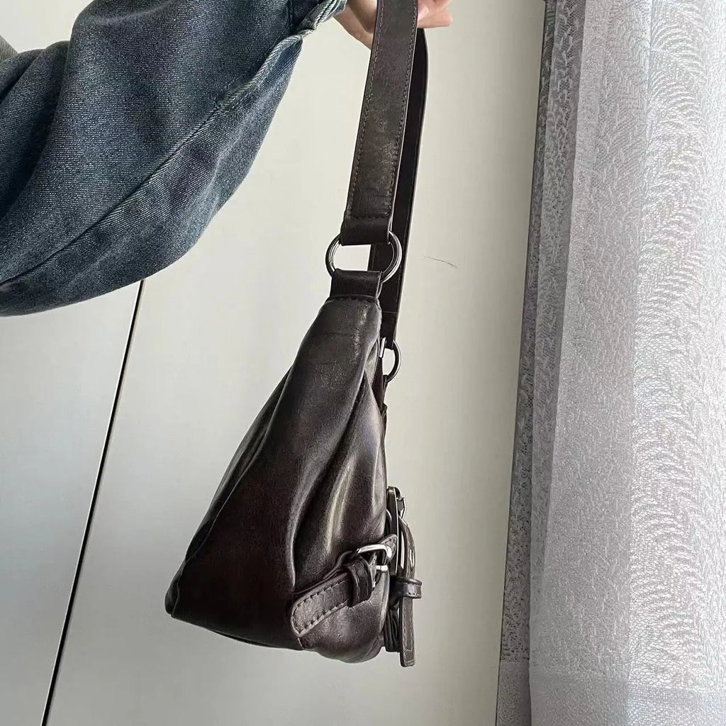 Sac à bandoulière en cuir vintage style Maillard rétro, petit sac tendance Y2K style Wasteland pour femme, collection Printemps 2026