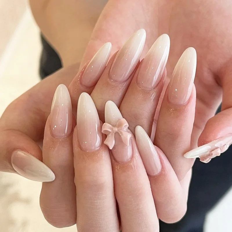 24 pièces doux oeil de chat français presse sur ongles diamant pointu tridimensionnel nœud papillon portable ongles pour femmes et fille amande ongles