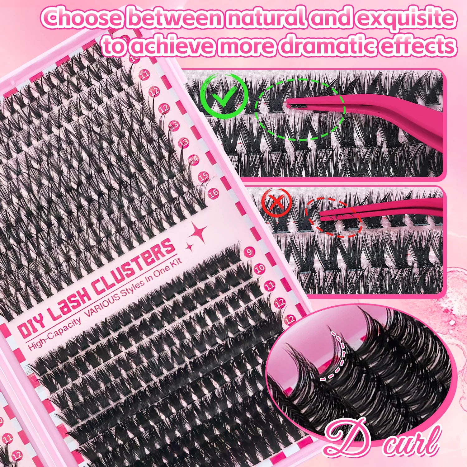 Kit de bouquets de faux cils 740/800 pièces – Longueurs mixtes pour extensions de cils ultra-légères et résistantes à l’eau. Permet de créer un look naturel pour le maquillage quotidien ou un effet glamour plus intense et sophistiqué.