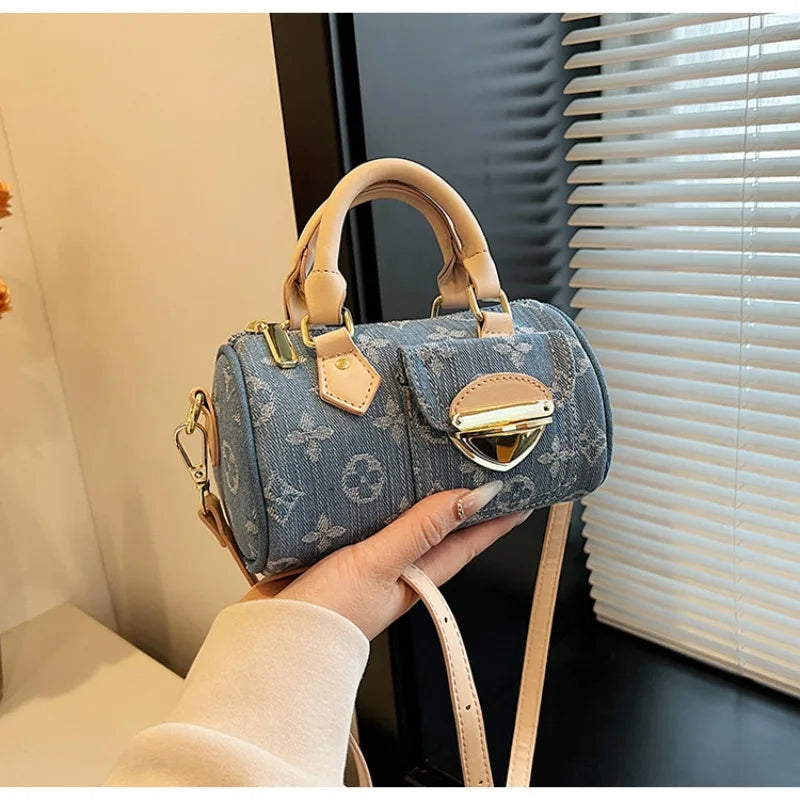 Sacs en jean tendance pour femmes, sacs bandoulière élégants et polyvalents, sacs à main cylindriques ronds à la mode