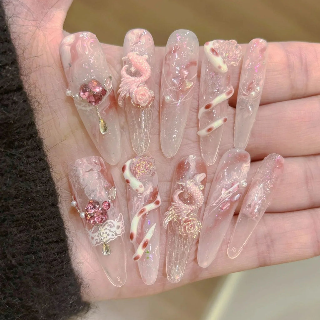 10 pièces oeil de chat rouge faux ongles faits à la main conseils fleur de serpent conception longue ovale faux ongles Art portable diamant amande presse sur les ongles