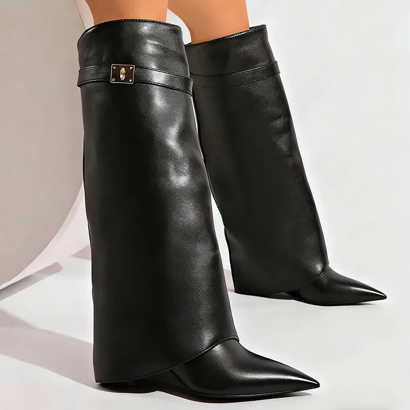 Bottes hautes jusqu’aux genoux en cuir PU noir pour femme, bottes sexy à bout pointu et tige droite, style punk féminin, bottes longues à talons compensés hauts pour femme.
