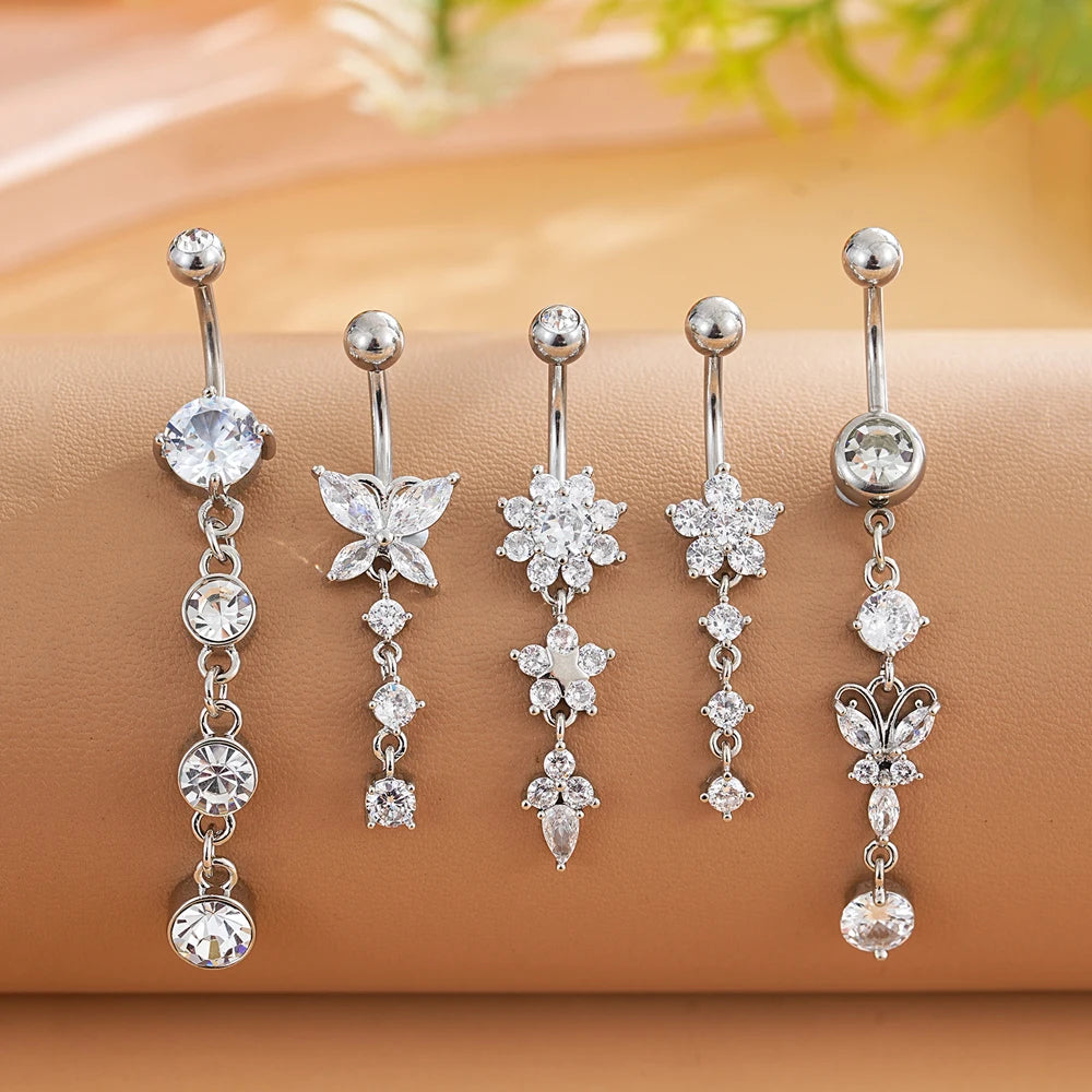 3-5 pièces ensembles de styles mixtes coeur fleur balancent nombril anneaux en acier inoxydable papillon incurvé Zircon ventre Piercing nombril anneau