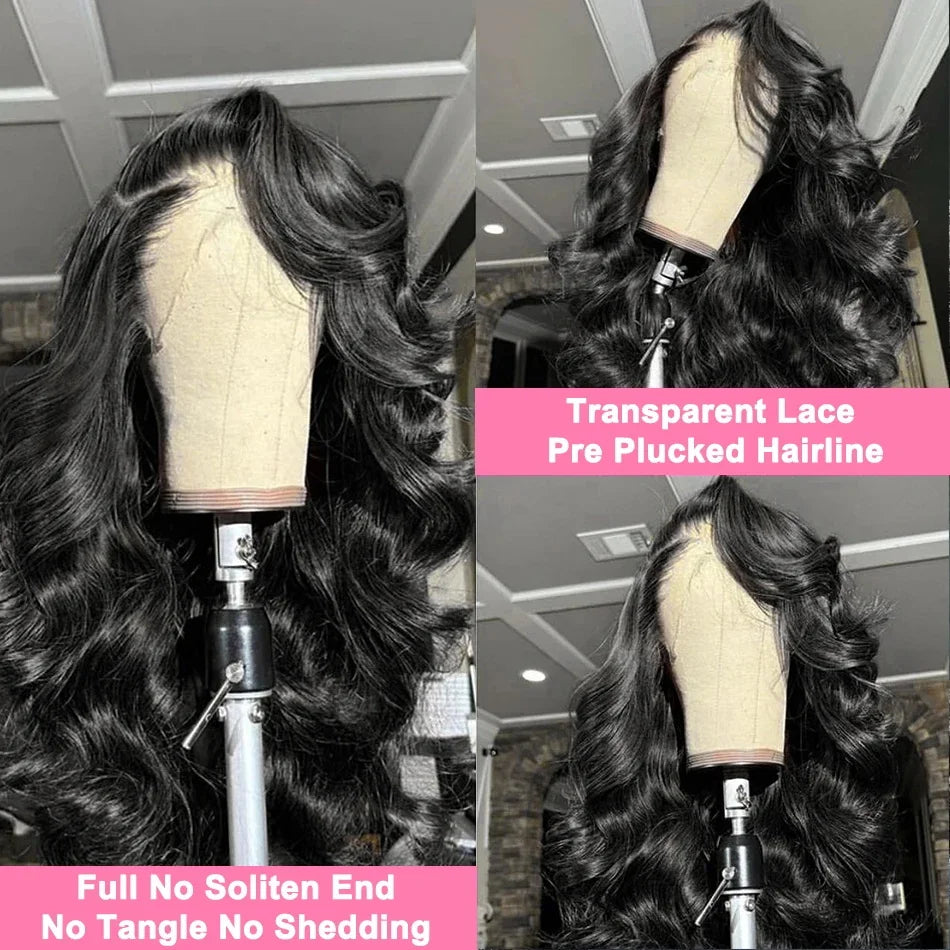 Perruque en cheveux humains Body Wave avec lace frontale HD transparente 13x6, disponible en 30 à 40 pouces. Perruque lace frontale HD 360° ou 13x4, pré-épilée avec une ligne de cheveux naturelle.