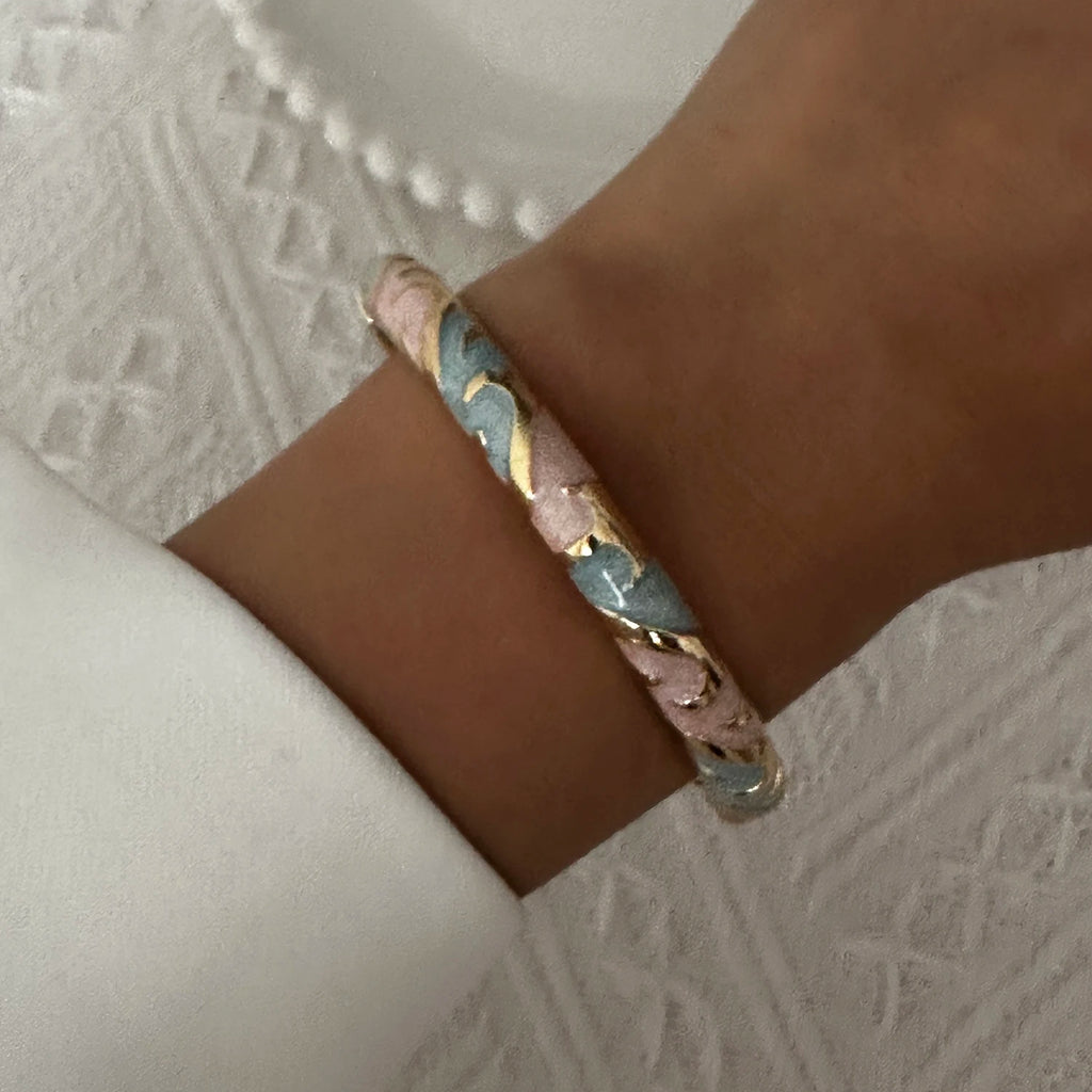 Bracelet élégant en émail goutte d'eau à texture florale pour femme, plaqué or rétro, avec zircon floral et motif œil porte-bonheur, bijou de fête