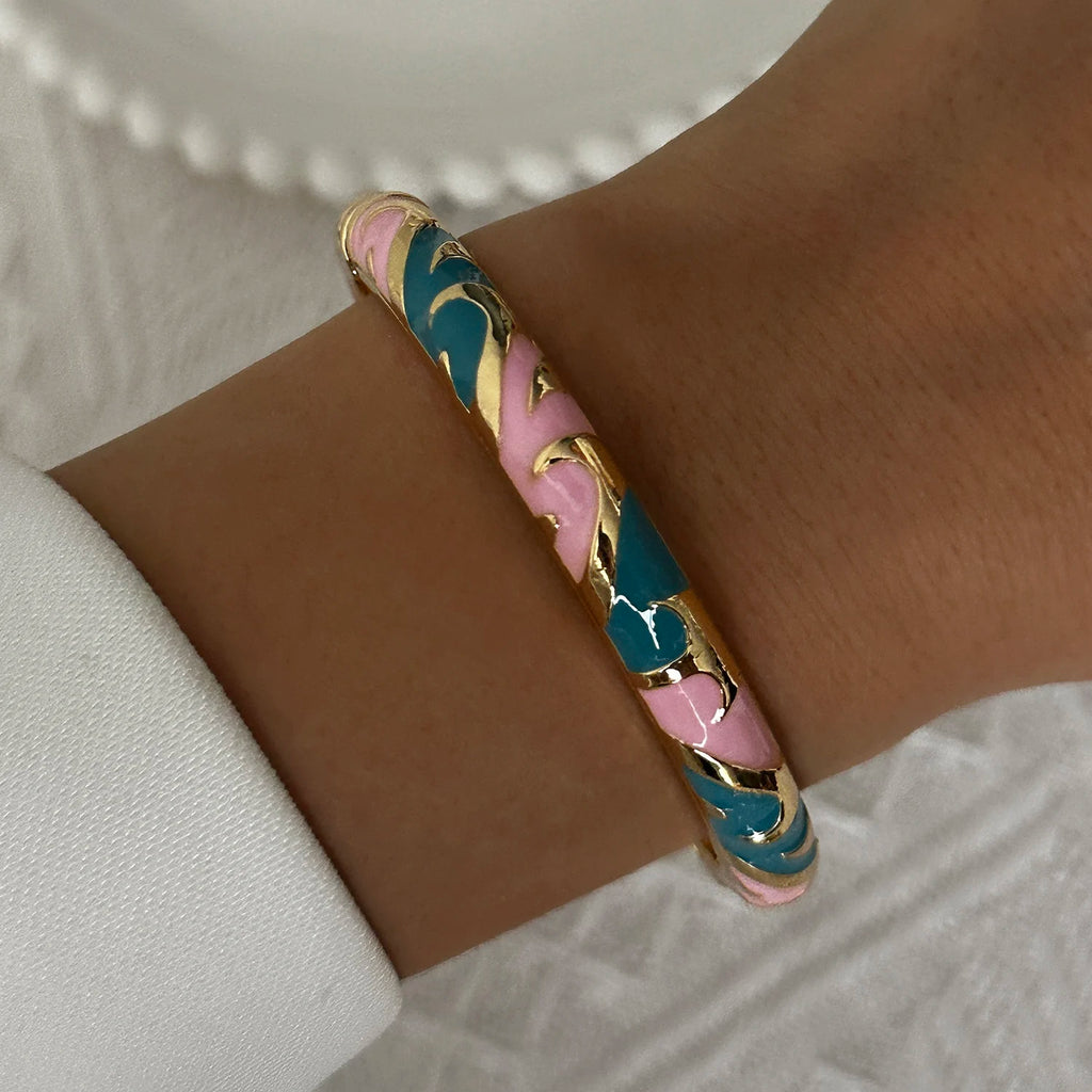 Bracelet élégant en émail goutte d'eau à texture florale pour femme, plaqué or rétro, avec zircon floral et motif œil porte-bonheur, bijou de fête