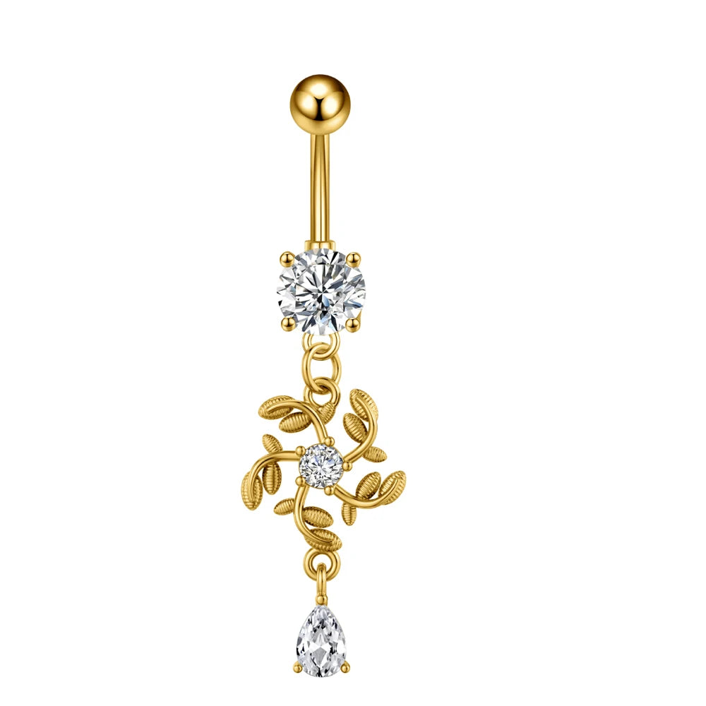 Anneaux de nombril série couleur or, carillon éolien, fleur pendante, cœur, anneau de ventre en acier inoxydable, bijoux de perçage de nombril, 1 pièce