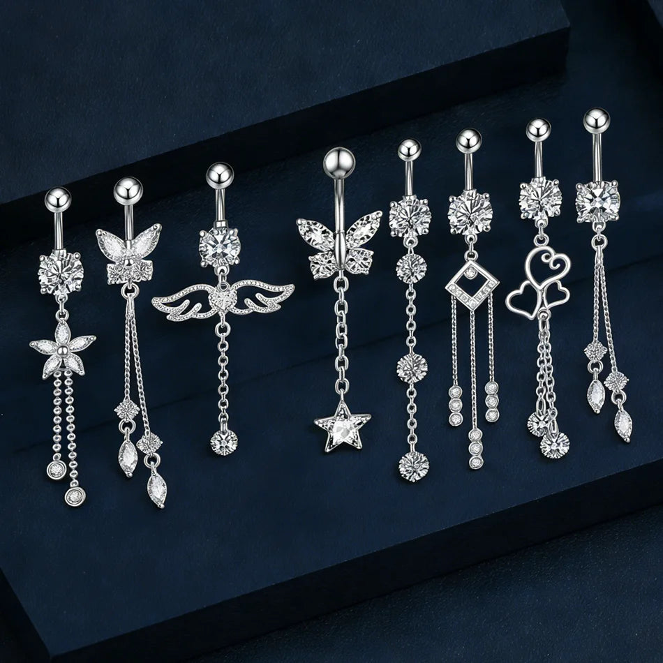 Piercing de nombril à filetage interne en titane – Bijou de nombril avec barre de piercing et pendentif décoratif. Orné d’une longue chaîne avec nœud, fleur ou papillon suspendu pour un look élégant et féminin.