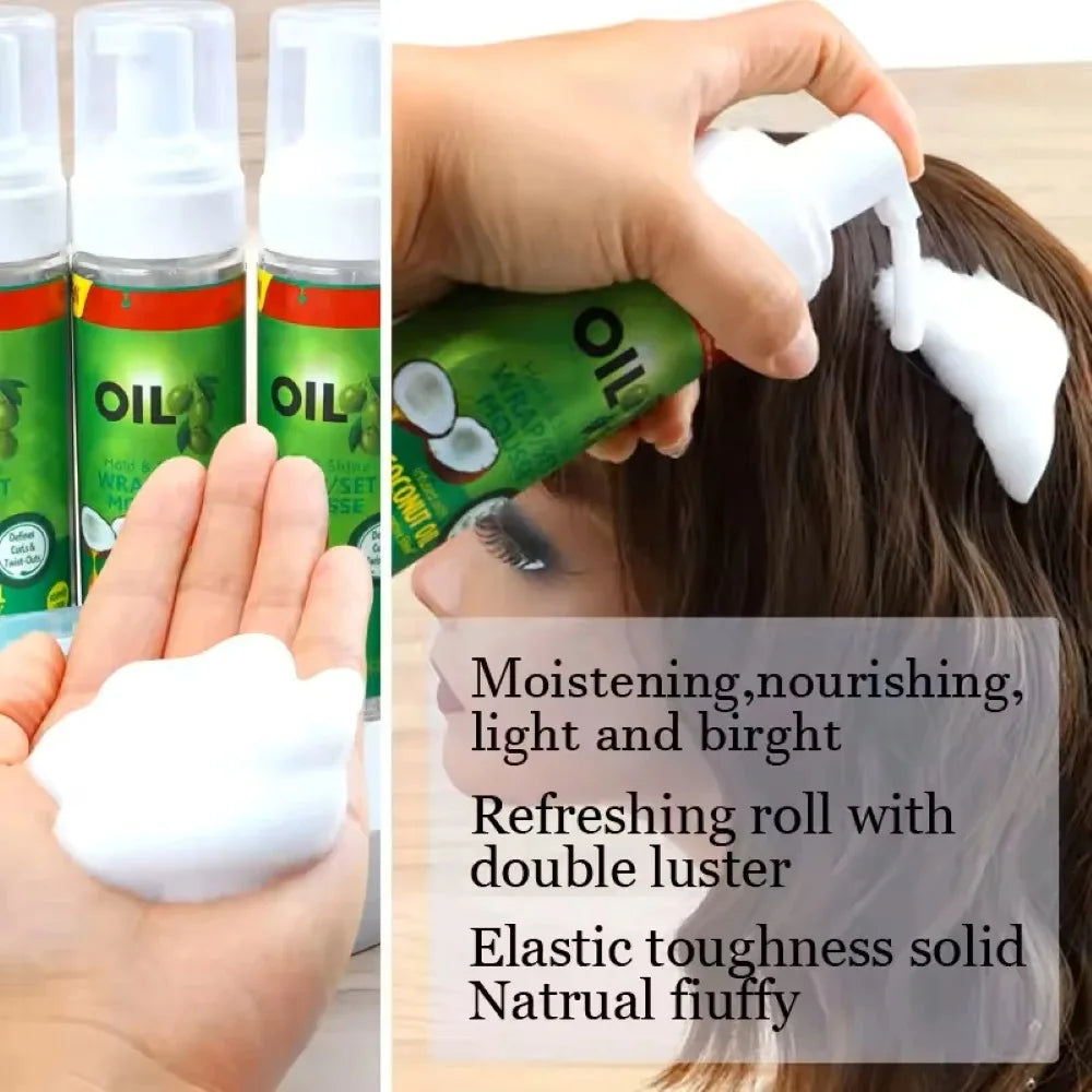 Mousse pour cheveux bouclés (100 ml) – Mousse coiffante pour perruques et cheveux naturels, à tenue forte avec huile d’olive. Mousse anti-frisottis pour définir et fixer les boucles
