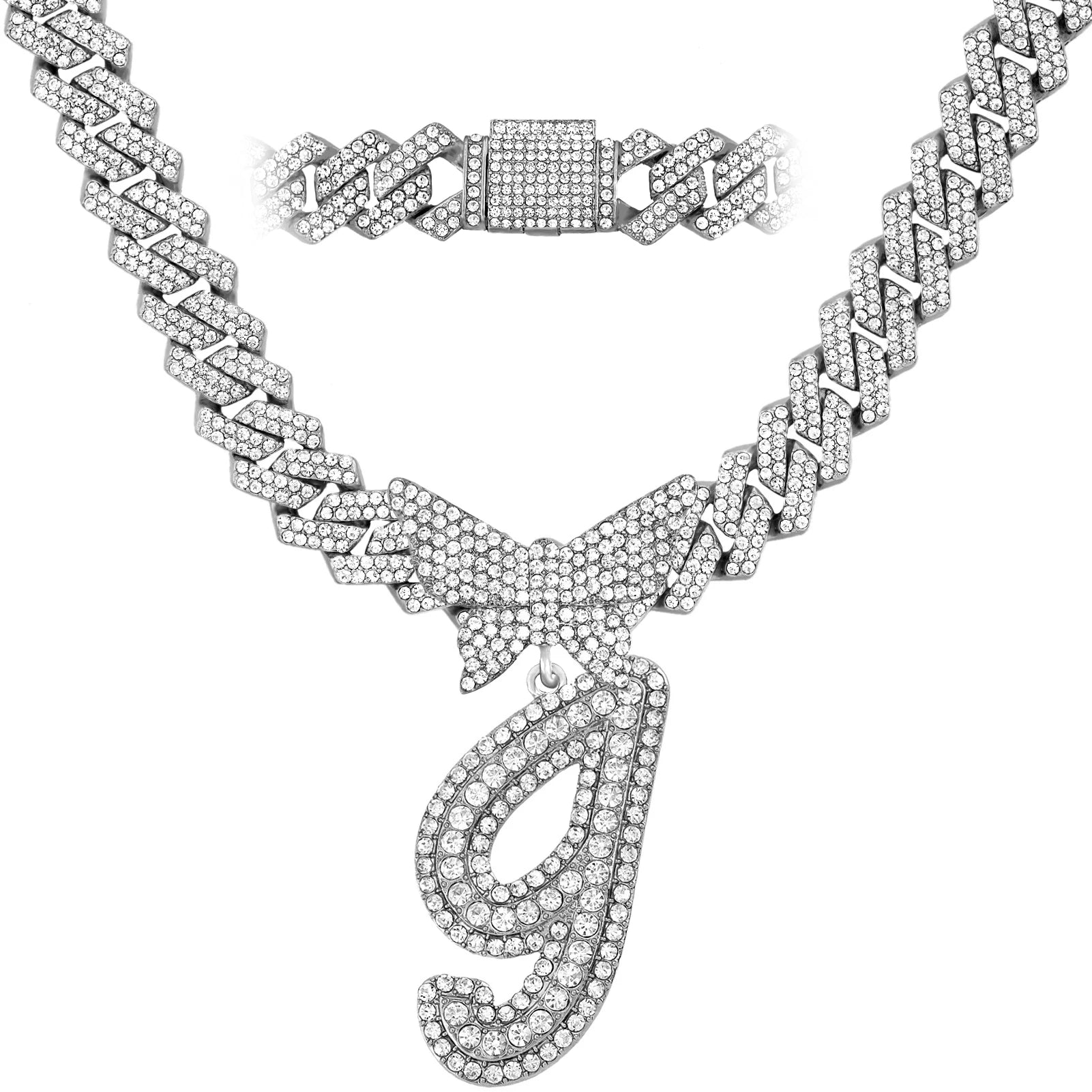 Collier chaîne cubaine 14 mm pour hommes et femmes, avec pendentif papillon en cristal et initiales, lettres cursives style “iced out”, bijou de style rappeur, nouveau bijou de mode.