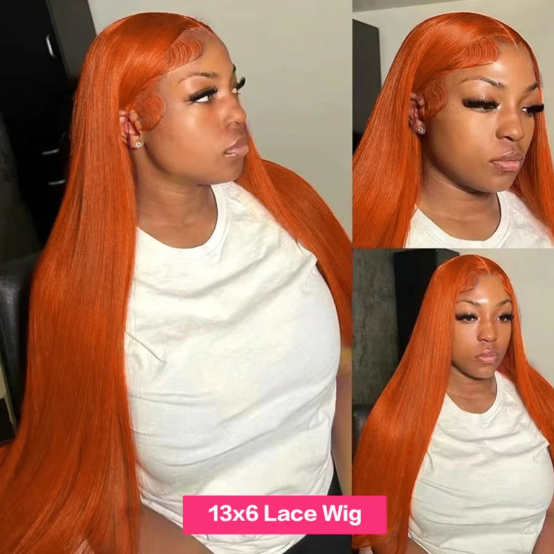 Perruque Lisse Orange Gingembre de 30 Pouces, Cheveux Humains Péruviens Colorés 350, Lace Frontale HD Transparente 13x6 13x4 pour Femmes