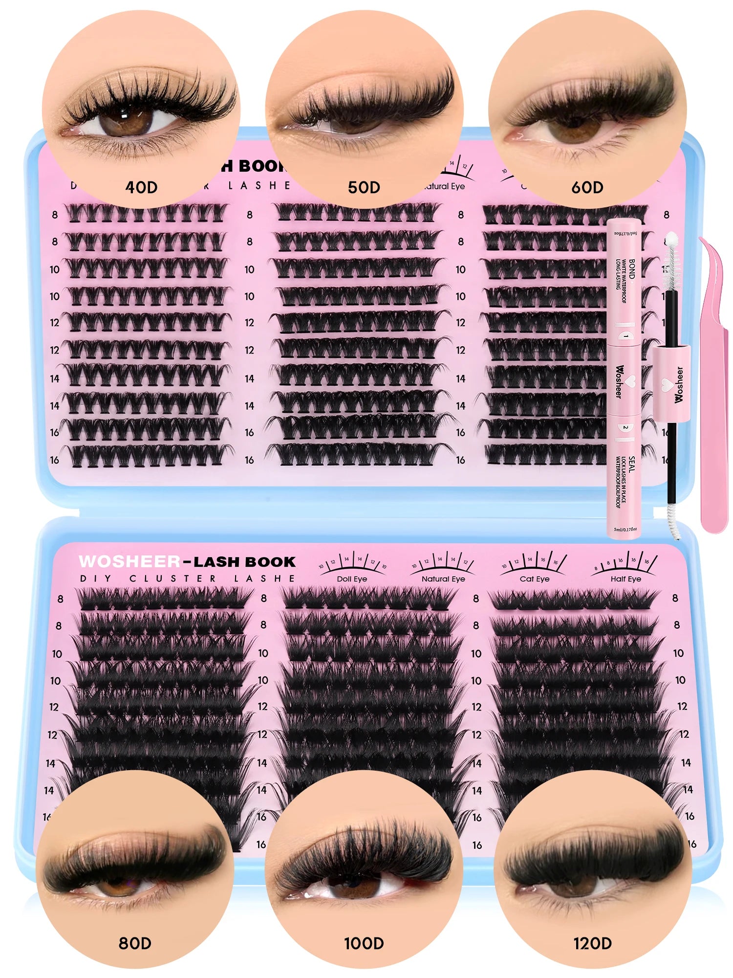 Kit de bouquets de faux cils – Extensions de cils individuelles en bouquets, effet volumineux et léger, plateau de tailles mixtes, avec colle et fixateur pour cils (Lash Bond & Seal) ainsi qu’une pince applicatrice incluse.