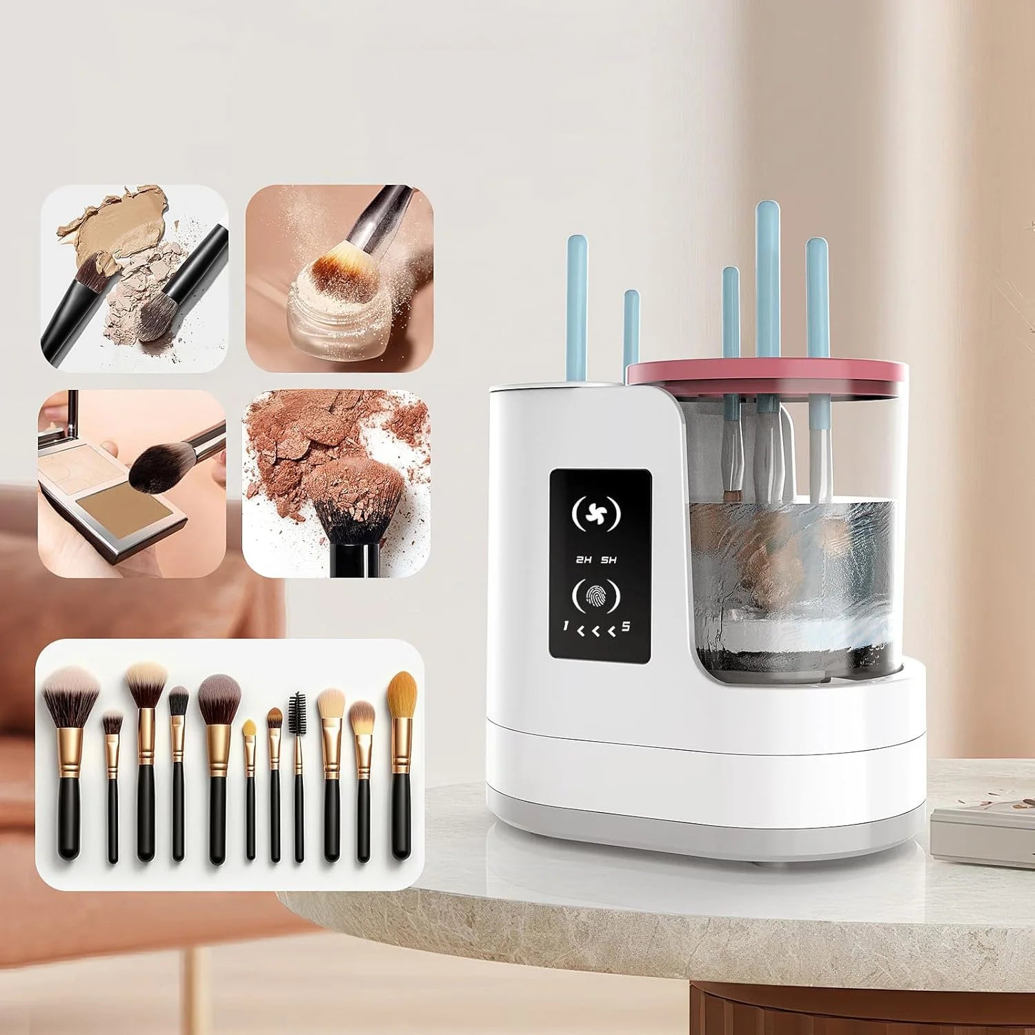 Machine de nettoyage de pinceaux de maquillage électrique 3 en 1 avec séchoir à pinceaux de maquillage, support portable, outil de nettoyage automatique USB pour tous les types de pinceaux de maquillage, fards à paupière