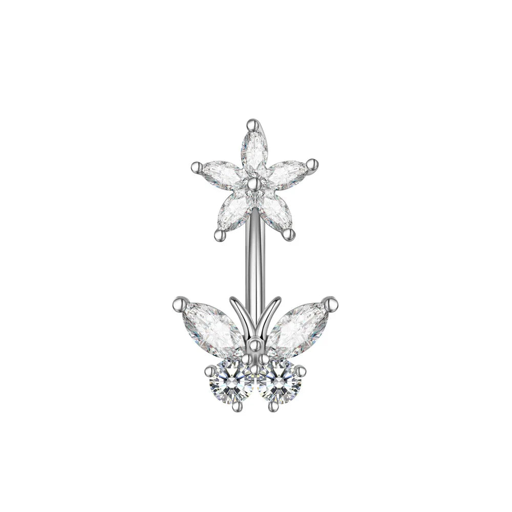 1 pièce Anneau de nombril incurvé en acier inoxydable couleur or avec cristaux CZ, motif papillon abeille, 14G, avec pendentif