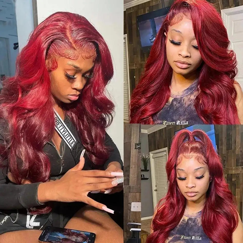 Sublime perruque bordeaux 99J en cheveux humains 100 % naturels avec texture Body Wave. Dentelle HD 13x4 ou 13x6 pour un effet cuir chevelu ultra réaliste. Ligne capillaire pré-épilée pour un rendu naturel, densité 200 %