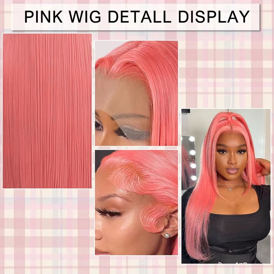 Perruque Lace Frontale HD Rose 13x6 en Cheveux Humains Brésiliens Lisses – Pré-épilée (Pre-Plucked), avec dentelle HD transparente, cheveux humains brésiliens raides (“Bone Straight”), couleur rose éclatante. Disponible en version Lace Front 13x4 ou 13x6