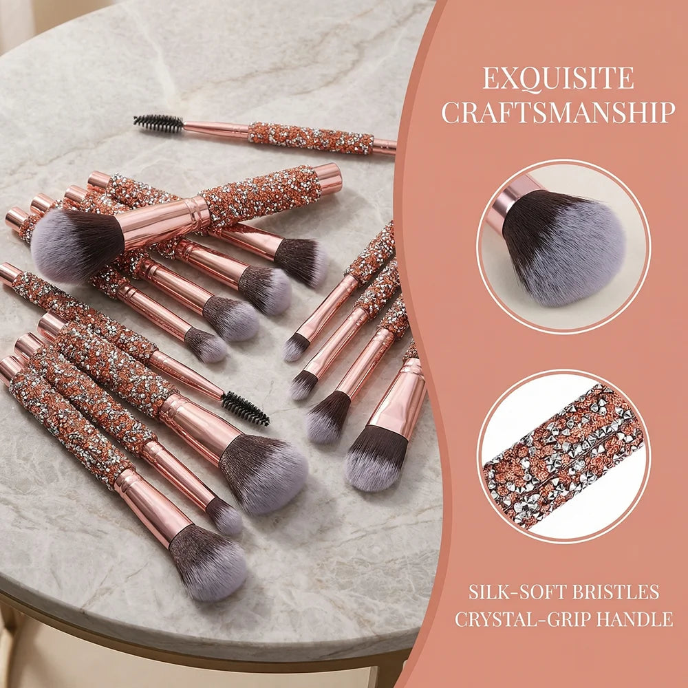Ensemble de 5/10 pinceaux de maquillage de luxe incrustés de strass avec sac en PU rose gold, outils de beauté portables pour femmes