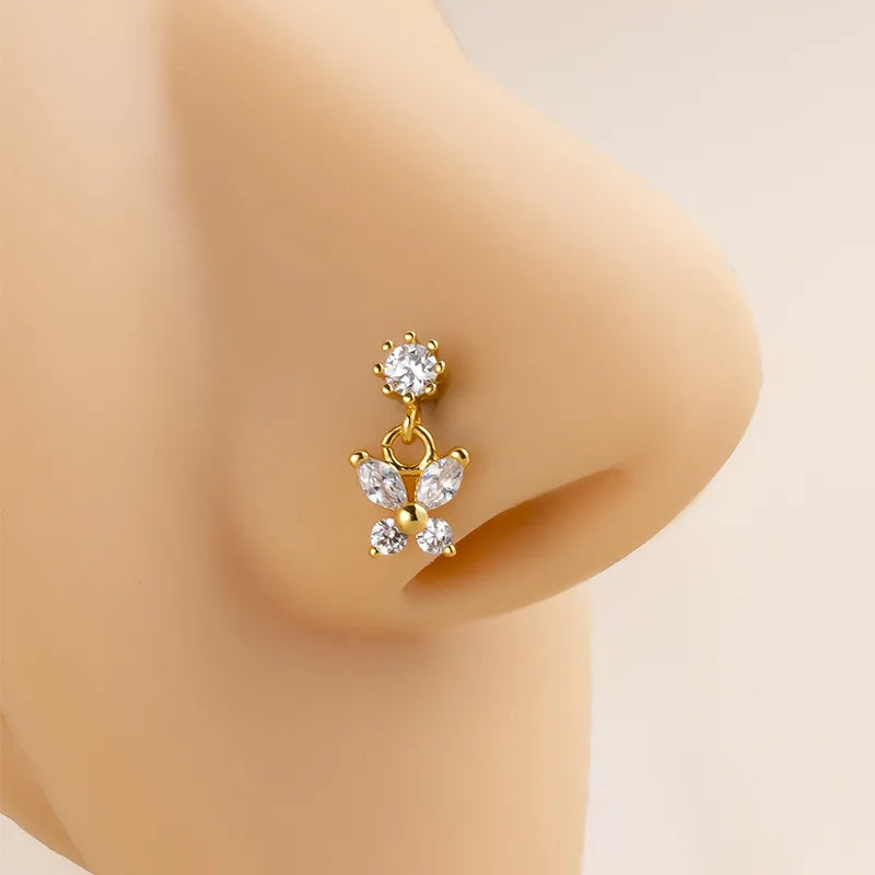 1 pièce Piercing de nez en acier inoxydable avec pendentif papillon en cristal zircon, anneau de nez, bijou corporel gothique pour femme