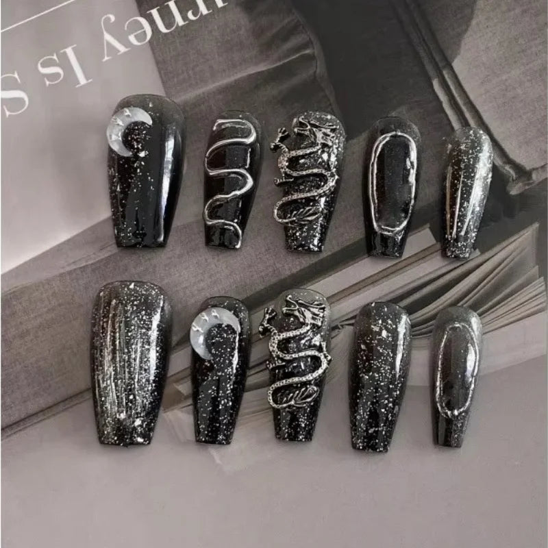 10 pièces ongles à pression ongles cercueil faits à la main série Dragon foncé paillettes fines paillettes détachables ongles réutilisables