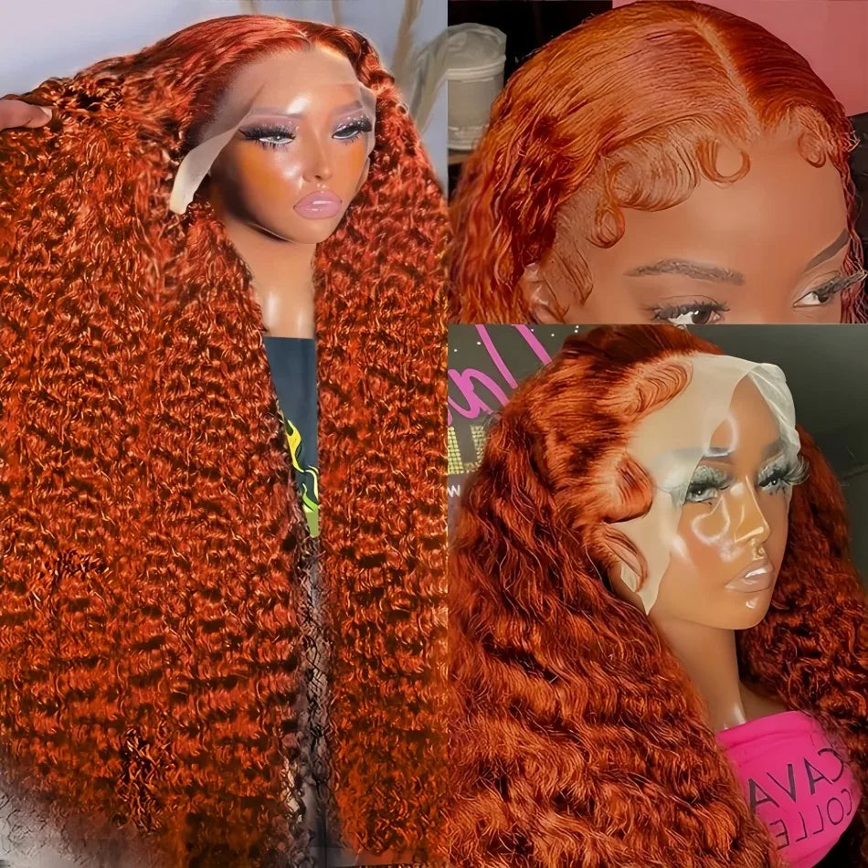 Perruques en cheveux humains ondulés profonds gingembre-orange, bouclées, avec dentelle frontale HD 13x6, effet vague d'eau, pré-plumées, brésiliennes, colorées, pour femmes