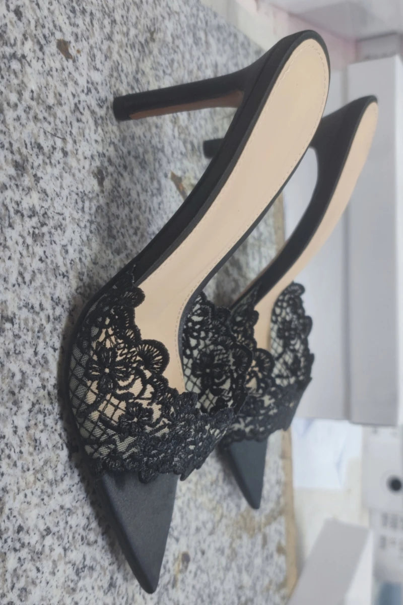 Sandales à talons hauts pour femmes, chaussures brodées en dentelle, mules sexy et confortables, chaussures de banquet, été, nouveau