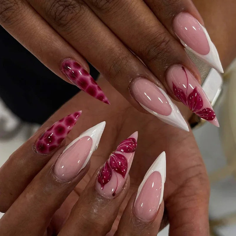 24 pièces arc faux ongles blanc français Long Stiletto faux ongles pointe fleur perle conception amande presse sur ongles acrylique couverture complète ongles