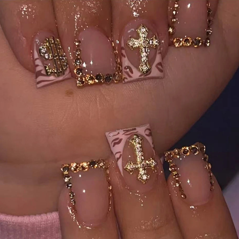 10 pièces diamant français pointu ongles courts carrés ongles nus faux ongles avec paillettes dorées diamant ongles imprimé léopard faux ongles