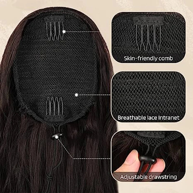 Extension de Cheveux Queue de Cheval Ondulée pour Femme, 24 Pouces, Longue Ondulation, Proximité Wstring, réinitialisation en Queue de Cheval Rouge, Fausse Queue de Cheval, Postiche