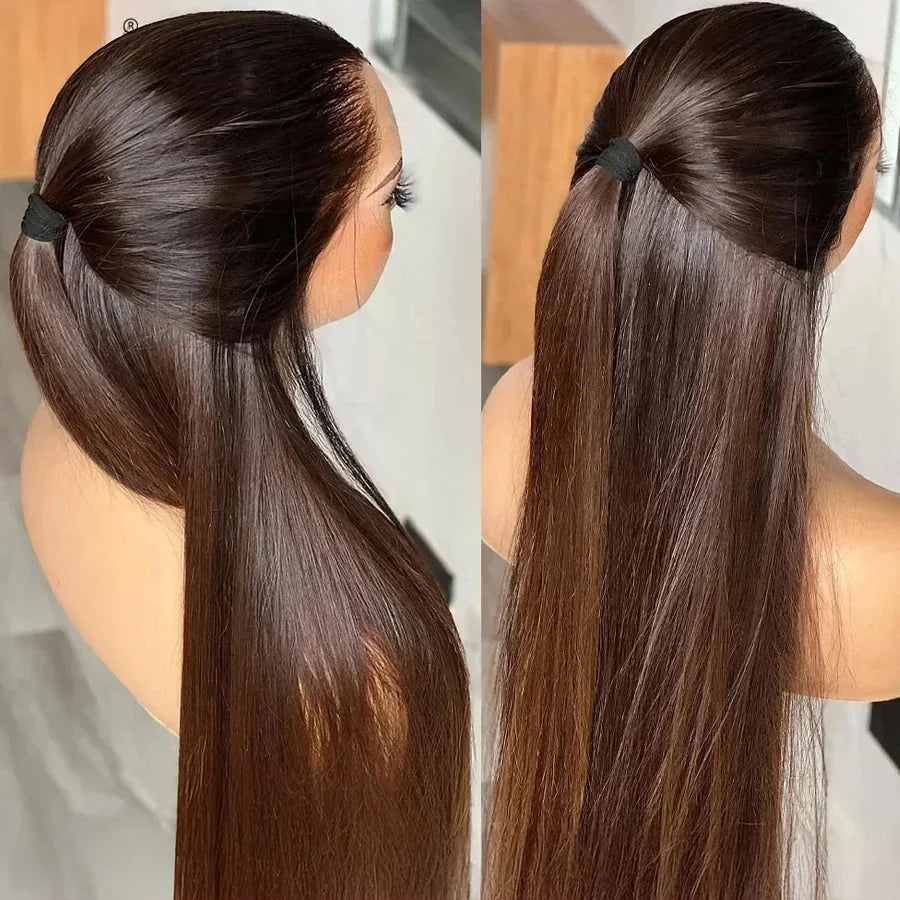 Perruque en cheveux humains brésiliens lisses, lace frontale HD 13x4 colorée effet ombré avec mèches, perruque sans colle pour femmes, offrant un aspect naturel.