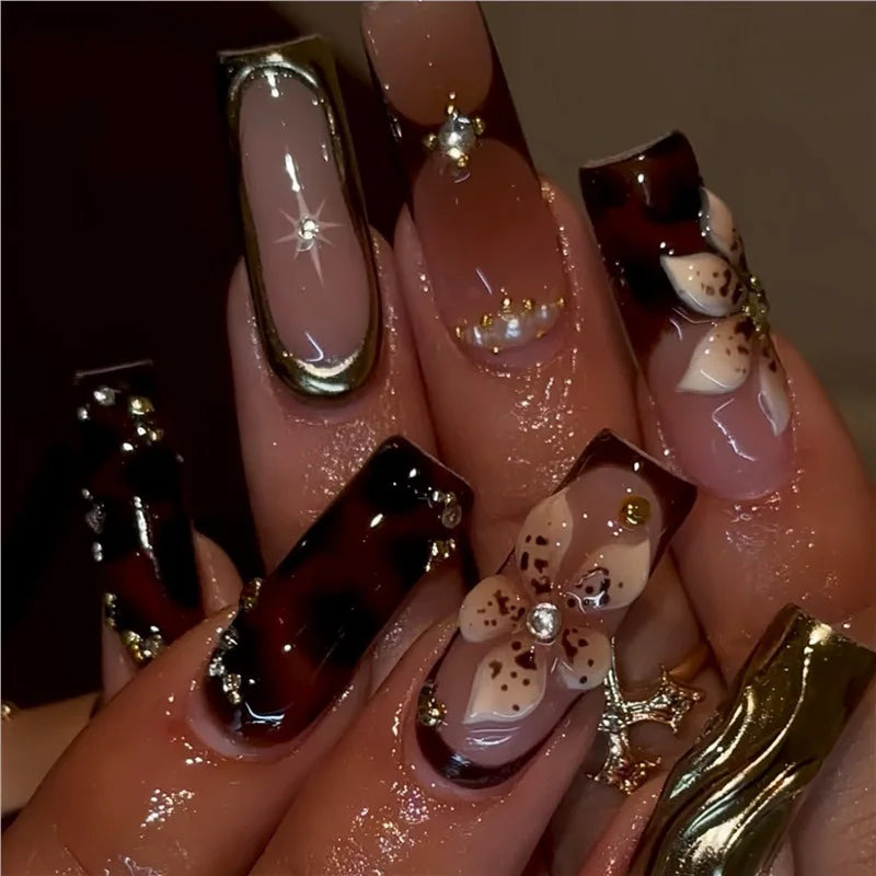 24 faux ongles longs carrés à presser, motif léopard, design cerise 3D, strass, couvrance totale, prêts à poser