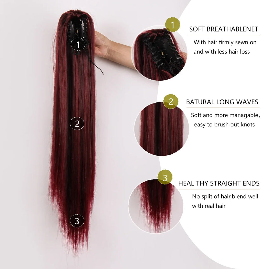 Queue de cheval rouge vin euro-américaine pour femmes, fibre haute température à la mode, tresse queue de cheval droite synthétique à clipser sans couture