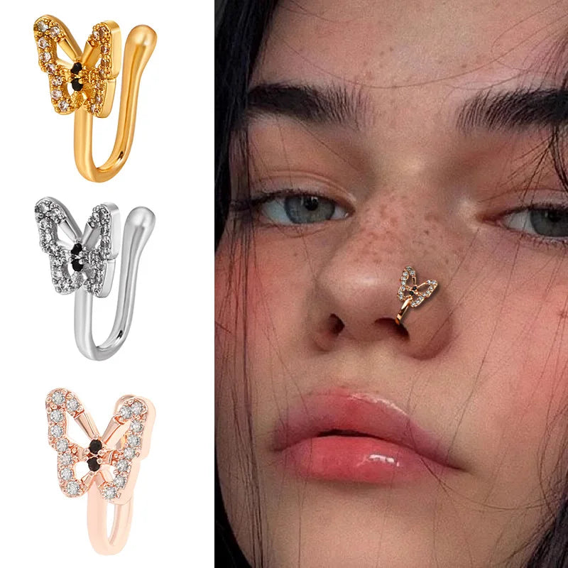Anneau de nez papillon Egirl, faux piercing, manchette de nez moderne à clipser, ensemble de bijoux, accessoire papillon en cristal étincelant, esthétique
