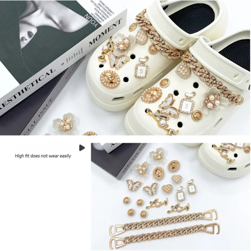 Nouvelle arrivée : pins, ensemble d’accessoires de chaussures amovibles avec chaîne papillon pour sabots. Décorations de chaussures florales au style luxueux, parfaites pour personnaliser vos chaussures, idée cadeau idéale.