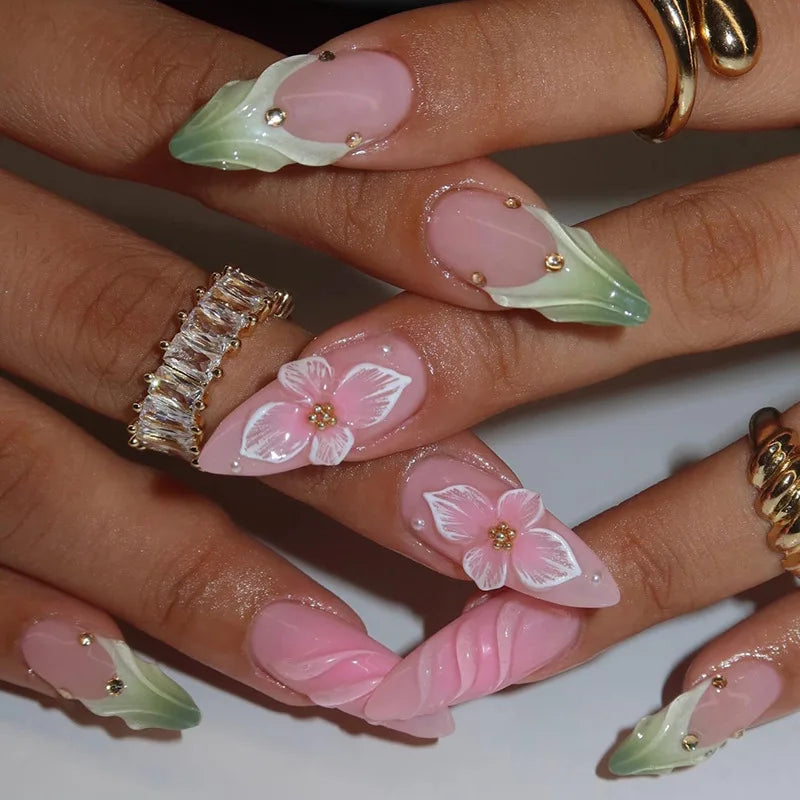 24 pièces mi-long doré amande ongles ensemble presse sur 3D fleur dégradé rose couverture complète faux ongles conseils perle réutilisable faux ongles
