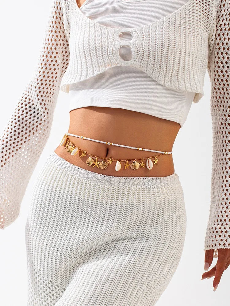 Nouvelle chaîne de taille en coquillage d'étoile de mer de plage bohème européenne et américaine, chaîne de corps en forme de conque de perle d'imitation de mode