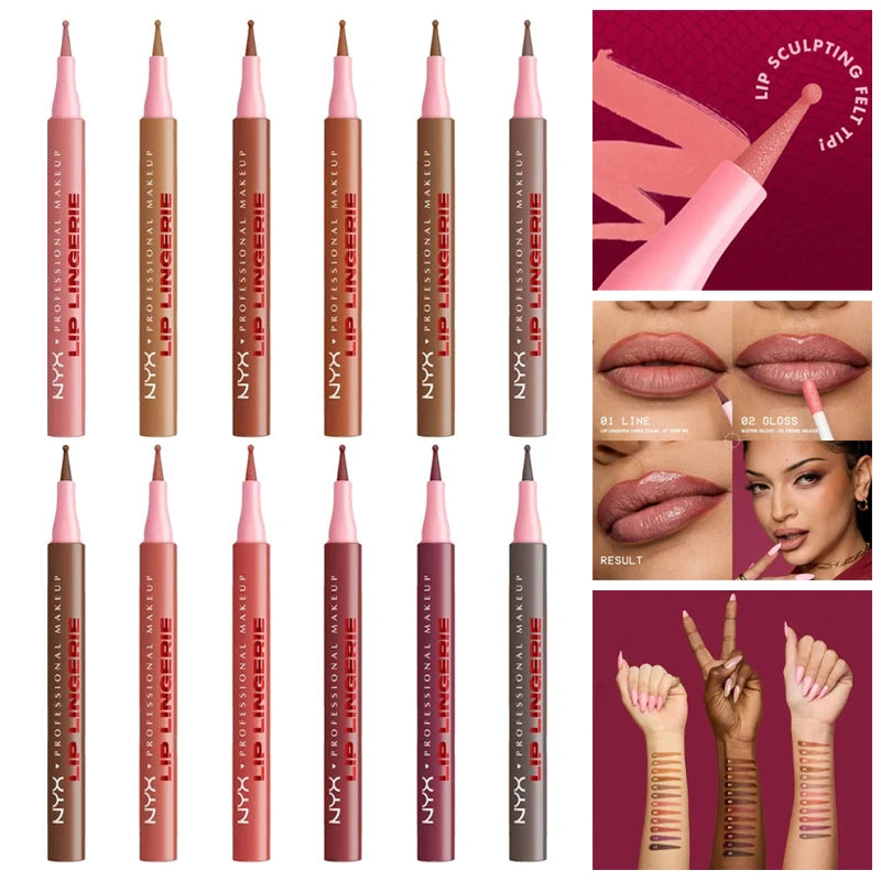 Crayon à lèvres NYX Brand Lip Liner Stain, pointe feutre, pour une application précise, sans débordement, parfaite pour les tons nus, disponible en douze teintes, maquillage pour femme.