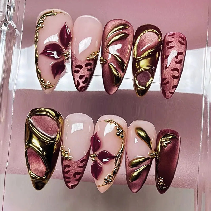 24 pièces mi-long doré amande ongles ensemble presse sur 3D fleur dégradé rose couverture complète faux ongles conseils perle réutilisable faux ongles