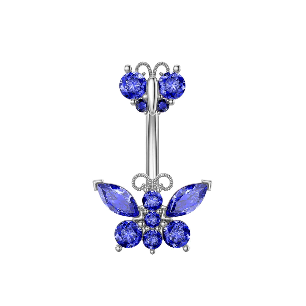 1 pièce Anneau de nombril incurvé en acier inoxydable couleur or avec cristaux CZ, motif papillon abeille, 14G, avec pendentif