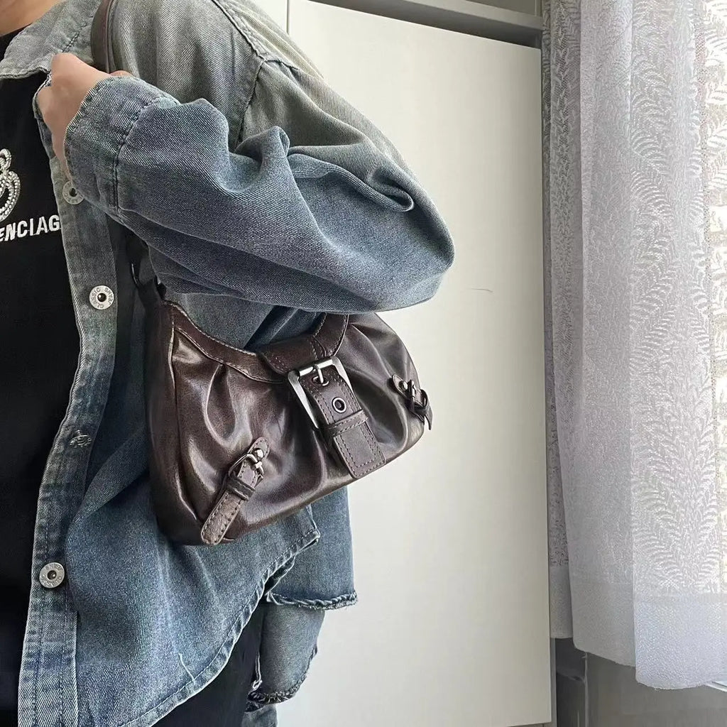 Sac à bandoulière en cuir vintage style Maillard rétro, petit sac tendance Y2K style Wasteland pour femme, collection Printemps 2026