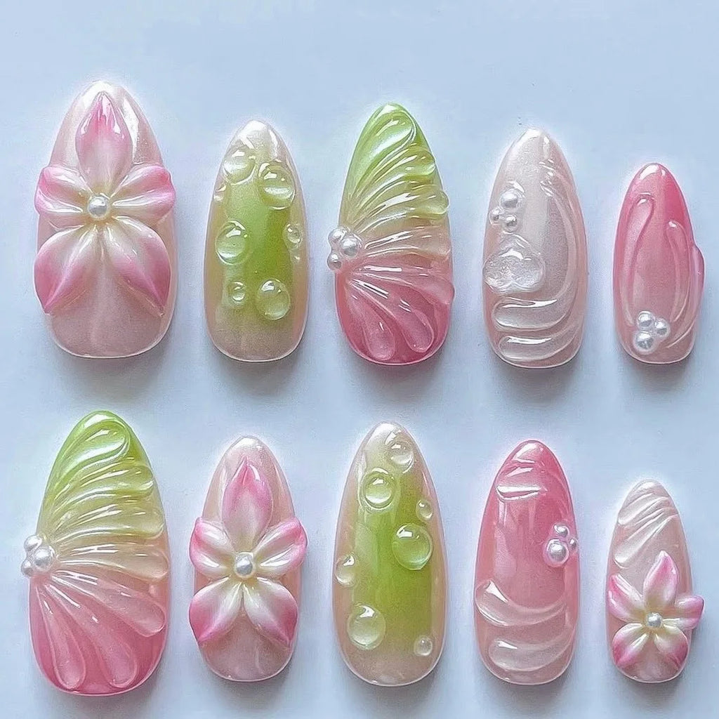 24 pièces mi-long doré amande ongles ensemble presse sur 3D fleur dégradé rose couverture complète faux ongles conseils perle réutilisable faux ongles