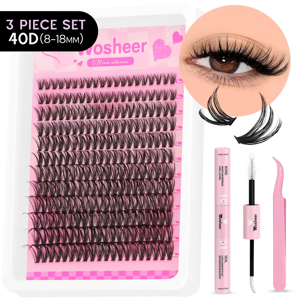 Kit de bouquets de faux cils – Extensions de cils individuelles en bouquets, effet volumineux et léger, plateau de tailles mixtes, avec colle et fixateur pour cils (Lash Bond & Seal) ainsi qu’une pince applicatrice incluse.