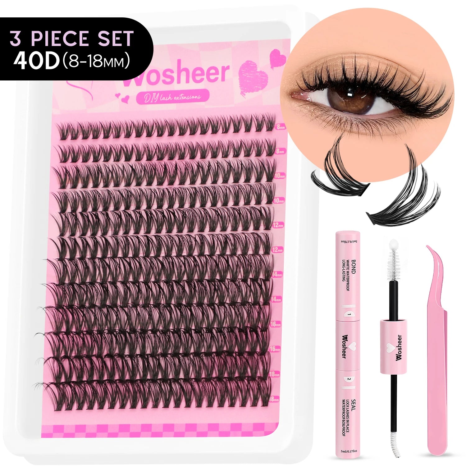 Kit de bouquets de faux cils – Extensions de cils individuelles en bouquets, effet volumineux et léger, plateau de tailles mixtes, avec colle et fixateur pour cils (Lash Bond & Seal) ainsi qu’une pince applicatrice incluse.