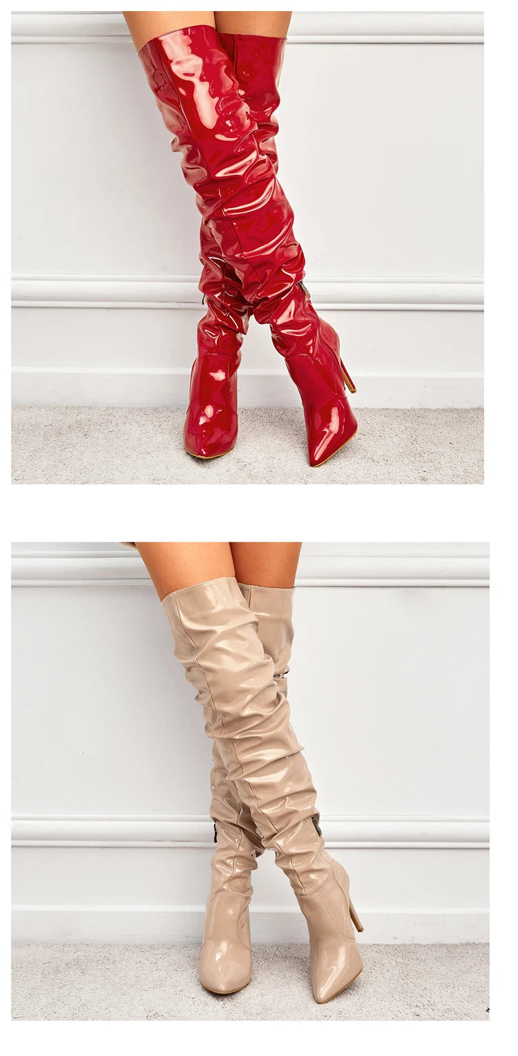 Bottes pour femmes au-dessus du genou, talons hauts, cuir verni, unies, bout pointu, talon aiguille, fermeture éclair latérale, chaussures féminines.