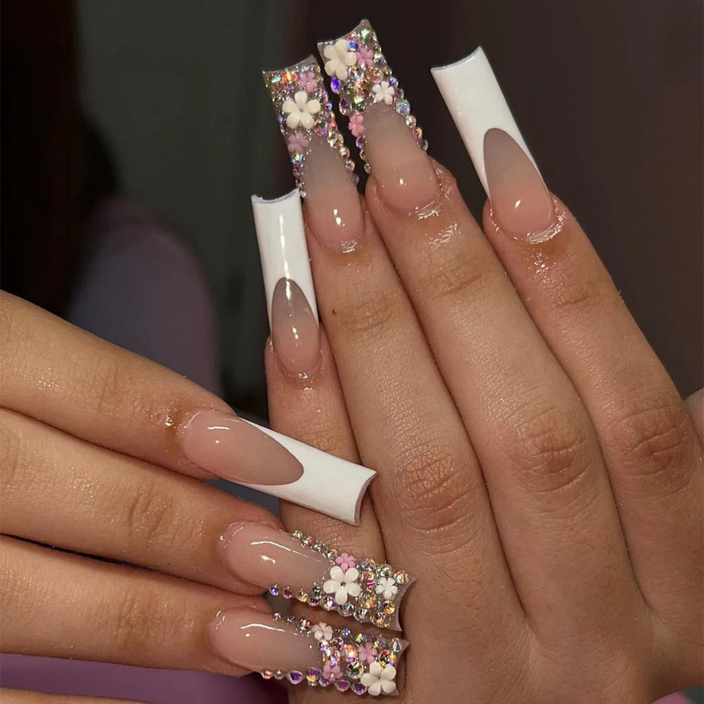 24 faux ongles longs carrés à presser, motif léopard, design cerise 3D, strass, couvrance totale, prêts à poser
