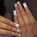24 faux ongles longs carrés à presser, motif léopard, design cerise 3D, strass, couvrance totale, prêts à poser