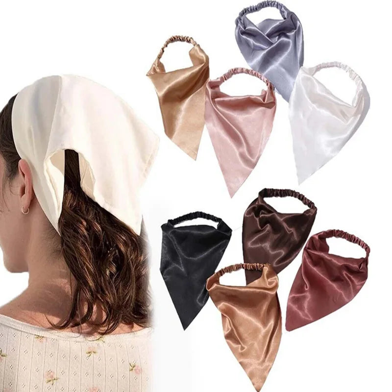Été femmes couleur unie foulard de cheveux Vintage Triangle Bandanas Satin élastique bandeaux enfants fille bandeaux cheveux accessoires