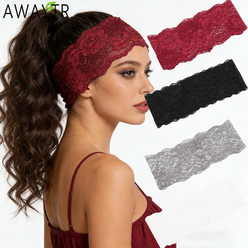 AWAYTR – bandeaux élastiques en dentelle de couleur unie, large nœud en tissu, accessoires pour cheveux pour femmes, couvre-chef de fête